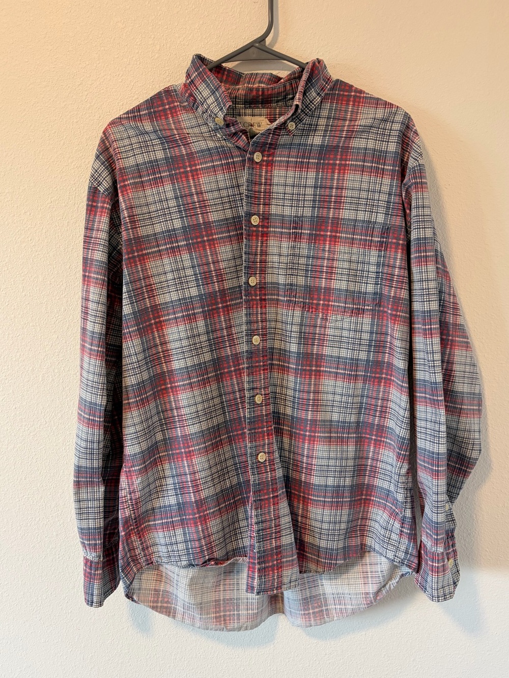 Vintage 90s J Crew Giant Tag Plaid Flannel Shirt Large Cotton Red Blue Heritage
